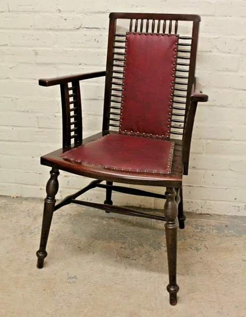 Antique Arts & Crafts Mahogany & Red Leather Armchair Elbow Chair (Can Deliver) 3