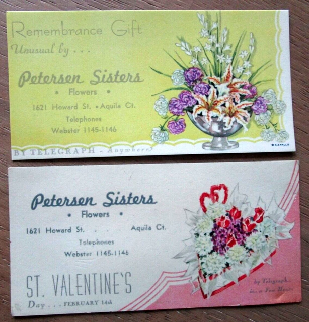 Aquila, Connecticut TWO BLOTTERS "PETERSEN SISTERS FLOWERS" Vintage - W-21