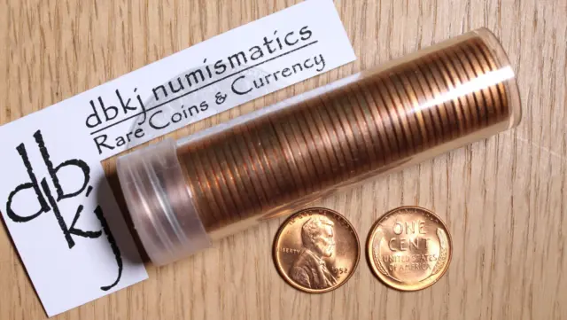 1952 D Lincoln Wheat Cent Penny Roll - 50 Red Uncirculated Coins - in a Tube