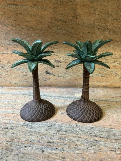 Set of (2) Cast Metal Tropical Palm Tree Taper Candle Candlestick Holders