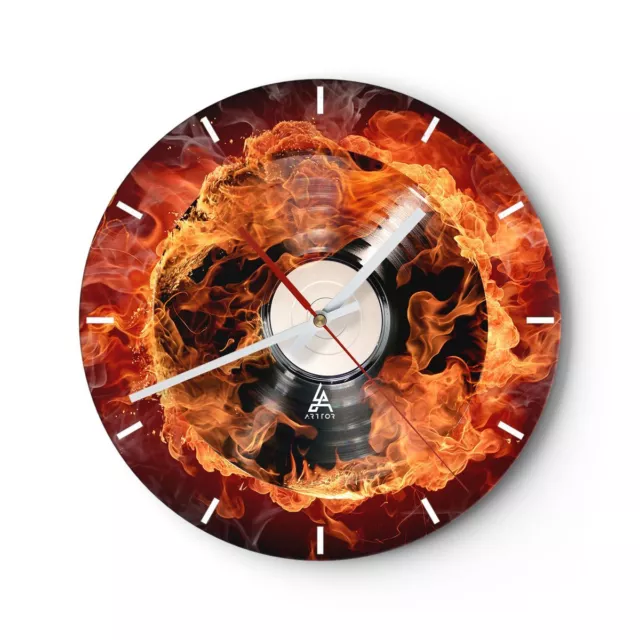 Horloge murale en verre 30x30cm Silencieuse Vinyl Fire Sound Wall Clock