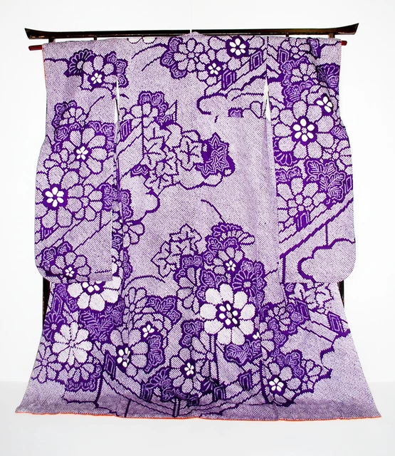 Furisode Kimono Robe L Purple Silk Shibori Floral Wedding Dress Vintage  F/S