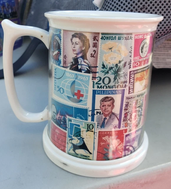 Vintage insulated cold beer mug foreign postage stamps 460A 18 oz plastic unused