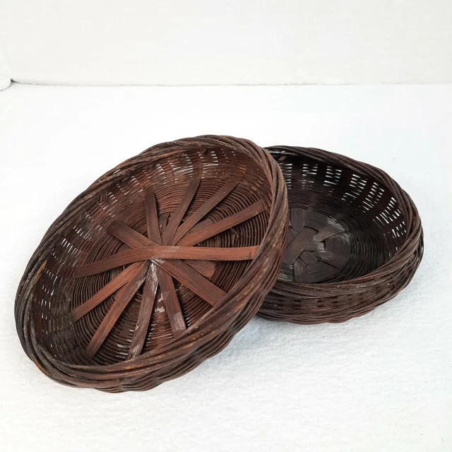 Early Small Handwoven Wicker Tiffin Basket Round Two Piece SNACKS SEWING TRINKET