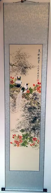 asiatisches Rollbild Wanddeko handgmalt weiss Vögel mit Blüten 190x41cm #303