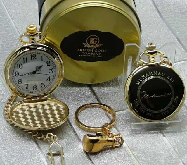 MUHAMMAD ALI Signed 24k Gold Clad Pocket Watch Boxing Glove Keyring Set and Case