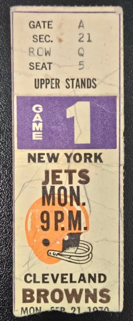 9/21/1970 First Nfl Monday Night Football Game Ticket Stub Jets Browns Read*Ycc*