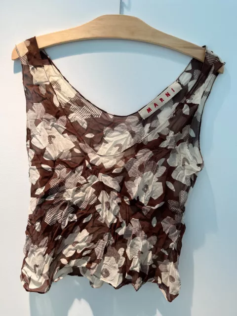 Marni sleeveless top, brown and white print. Sheer and cropped. Size 40