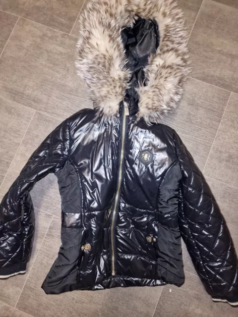 River Island Black Hi Shine Fur Trim Hooded Padded Coat Age 12-18 Month  Ex Con
