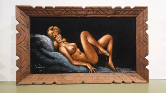 Vintage 1960's Black Velvet Oil Painting Nude Exotic Woman 22 1/2×13 1/2