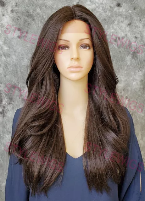 Dark Brown Long Straight Heat OK Lace Front Human Hair Blend Wig EVFL 4