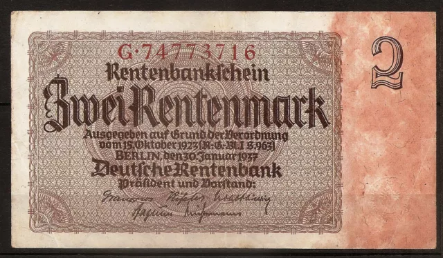 Billet 2 Rentenmark. Deutche Rentenbank. Berlin 30 Januar 1937