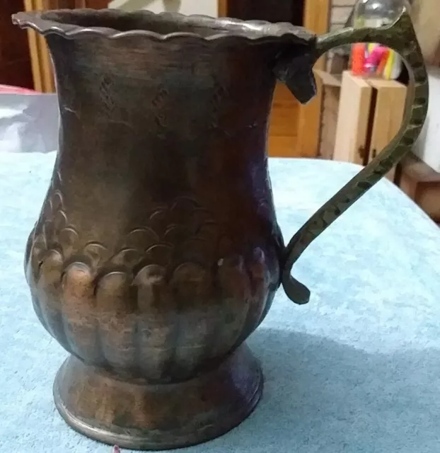 Alte KUPFER Kanne Vase mit MESSING Griff  H 15cm  Durchmesser oben 9,5 cm