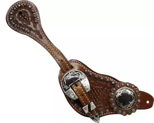 Showman Men's Tooled Leather Spur Straps w/ Silver Engraved Barbed Wire Conchos