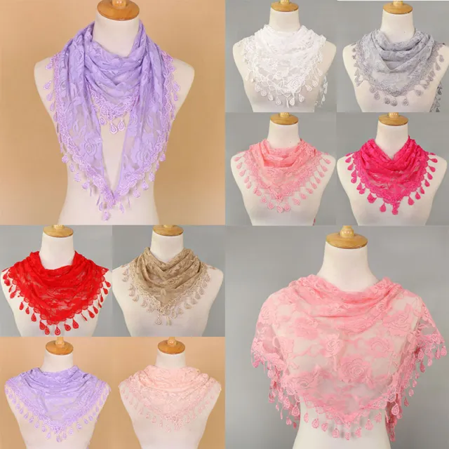 Fashion Lace Tassel Sheer Triangle Scarf Women Hollow Out Floral Scarves Shawls*