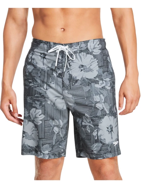 SPEEDO Mens Gray Drawstring Lined Printed Swim Trunks L