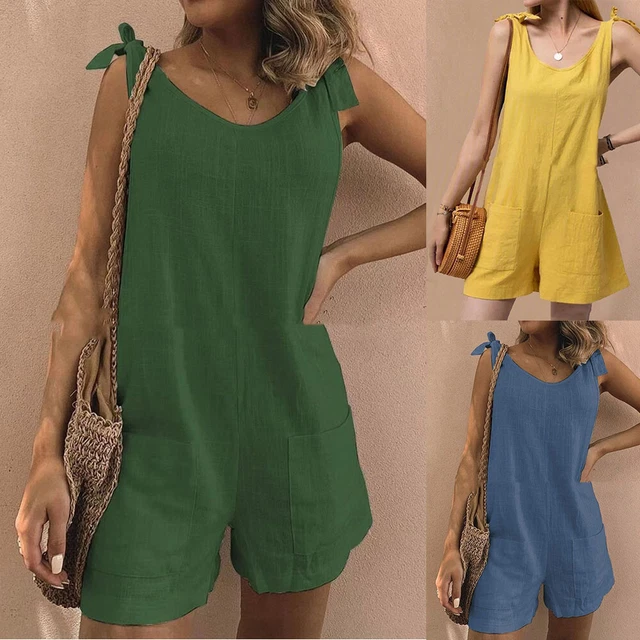 Tuta Da Donna In Lino Di Cotone Da Donna Pantaloncini Da Pagliaccetto Larghi -