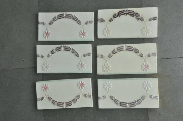 6 Pc Vintage Majolica Flower Art Nouveau Architecture Tiles,Japan 2