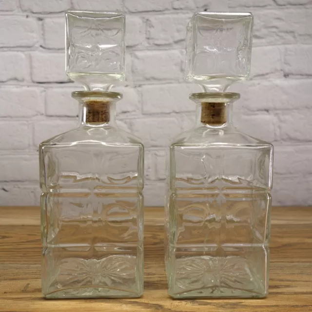 Vintage Square Cut Glass Liquor Decanter With Cork Stopper Set Of 2