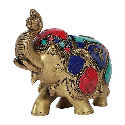 Vintage Brass Multicolor Elephant Statue Trunk Up Animal Figurine Idol 5" 2.11lb