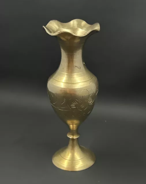 Vintage Solid Brass Vase, Handmade & Floral Etched, Made in India