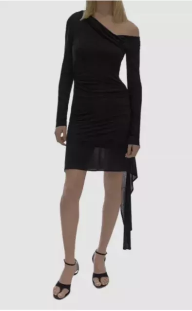 $350 Helmut Lang Women's Black Scala Asymmetric Neck Long Sleeve Dress Size L