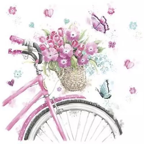 20 Servietten Fahrrad Pink Bicycle with Basket rosa Blumen Sommer Deko 33x33cm