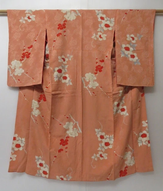 2005T06z670 Vintage Japanese Kimono Silk KOMON Flower Peach