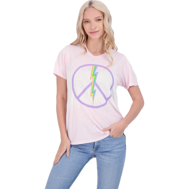 Lauren Moshi Womens Pink Electric Peace Crew Neck Tee T-Shirt Top S  1111
