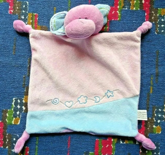 1Pa  / Doudou Plat Elephant Fomax Bleu Rose Etoile  Coeur Grelot Exc Etat