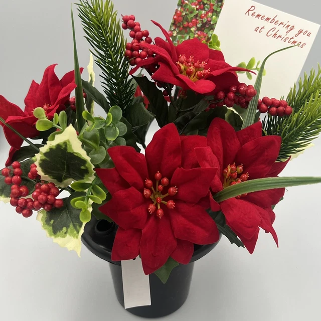 Quality Artificial Christmas  Arrangement Grave vase / Memorial / Crem Pot Red 2