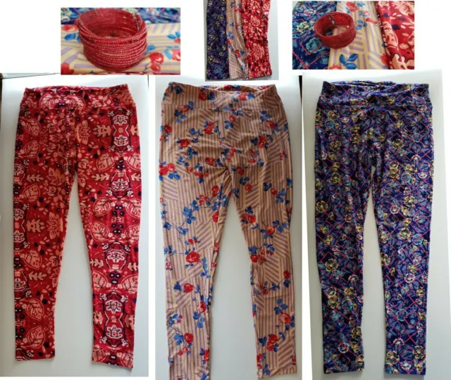 LuLaRoe LOT OF 3 TC floral leggings pants TALL AND CURVY and matching bracelet