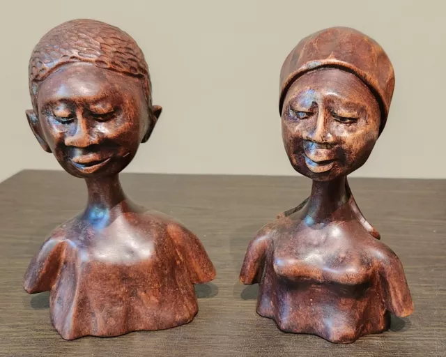 Pair Hand Carved African Tribal Folk Art Male & Female Wood Bust