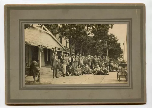 Large Group of Men Vintage Photo on Board Empty Rocking Chair