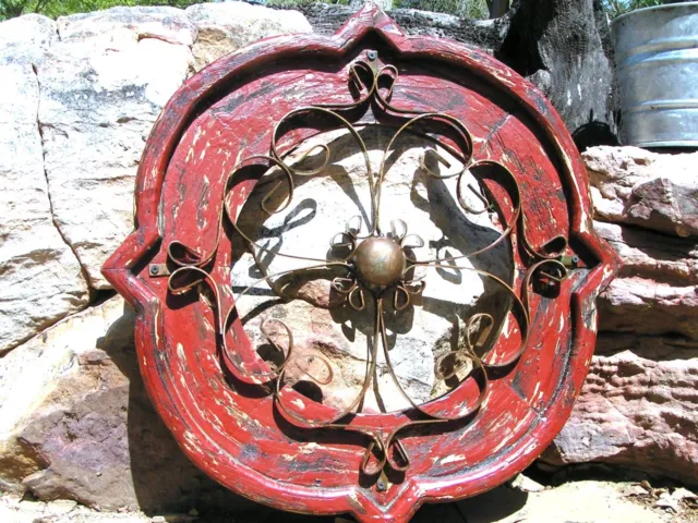 Round House Pediment Architectural Iron-Wood-Hand Painted Medallion Red 0361