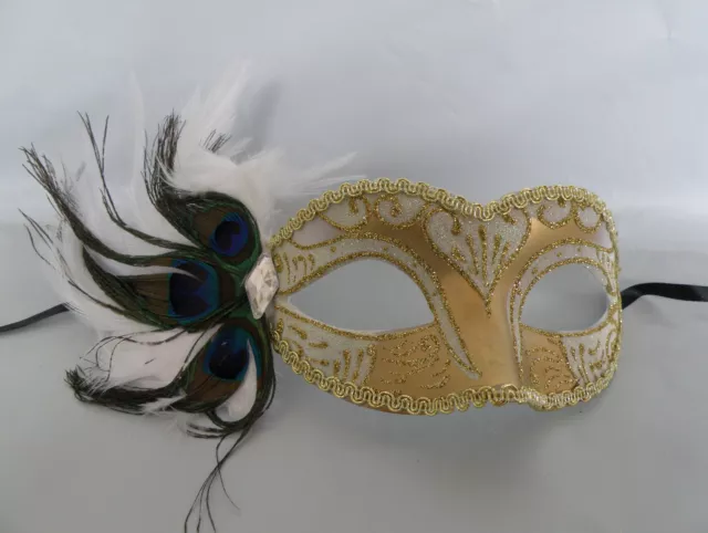 Venetian Masquerade Party Mask - Cream & Gold With Peacock Feathers - NEW -