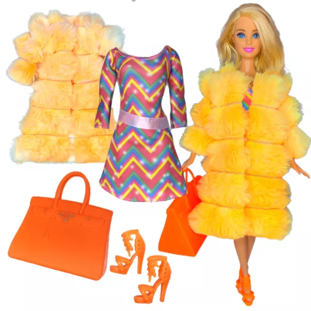 Eledoll Clothes Fashion Pack for 12 inch Fashion Doll SUNSET Yellow Fur Coat Set