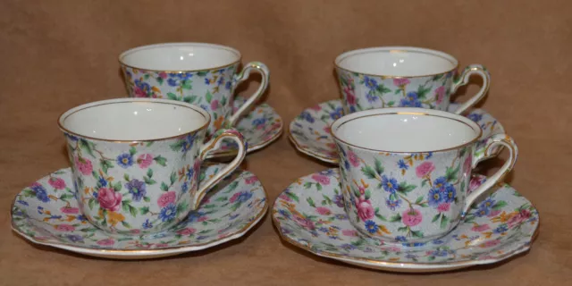 4 Royal Winton 'Ascot" Old Cottage Chintz Flat Bottom Cups and Saucers -  Nice