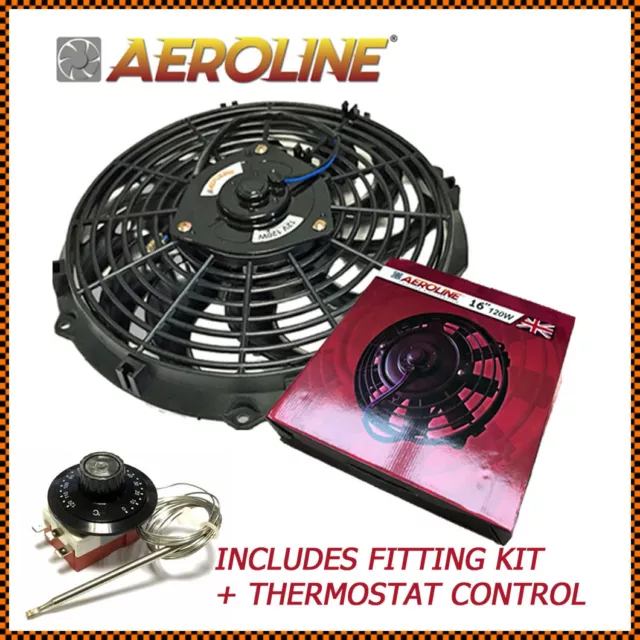 16" 120w Aeroline Slim Electric Car Radiator Cooling Fan + Capillary Thermostat