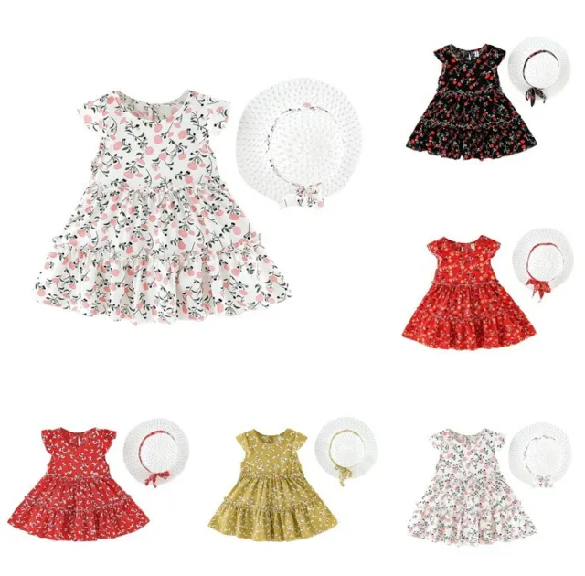 AU Summer Toddler Baby Kids Girls Sleeveless Floral Princess Dress+Hat Outfits