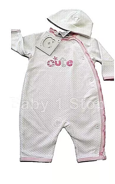 Baby Girls Babygrow Romper & Hat Set Cotton Outfit White & Pink Polka Dot