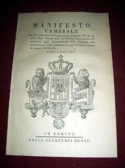 Regno Torino Manifesto Camerale Perquisizioni Contravvenzioni Gabella 1820