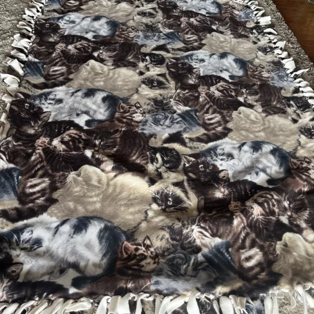 Hand Made Fleece Blanket Hand Tied No Sew 2 Sided Mixed Breed Kittens Neutrals