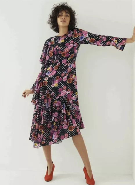 Natasha Zinko Floral Print Party Dress Tiered Long Multicoloured Size 16 New