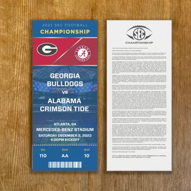 2023 Georgia vs Alabama SEC Championship Customizable Replica Ticket Stub