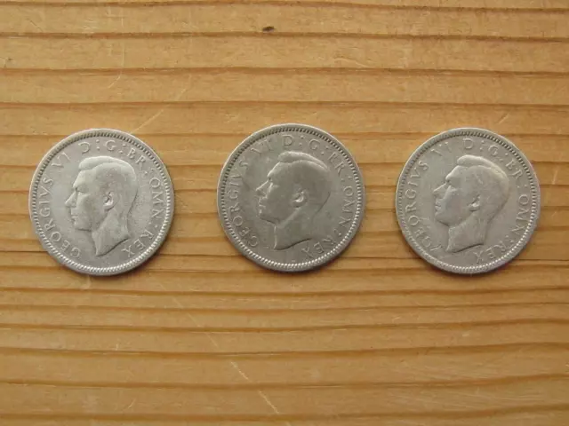 3 x George VI Silver Sixpence Coins 1938, 1939 & 1942