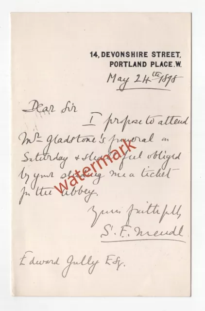 Sir Sigismund Mendl, Liberal party politician, autograph letter, 1898