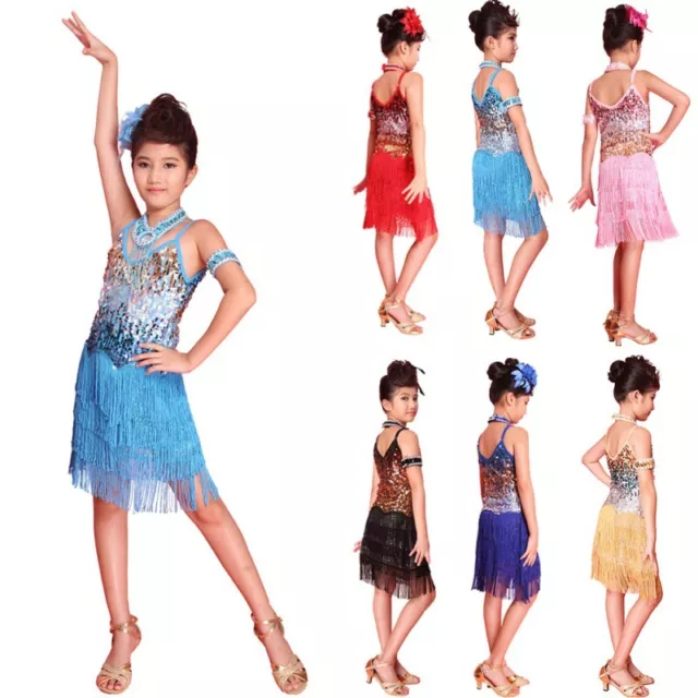 Kids Girls Tassel Latin Dress Sequin Ballroom Salsa Dancing Dress Flapper Dress