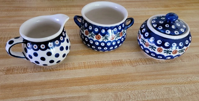 Boleslawiec Polish Pottery Sugar And Creamer 3Pc Set Blue Handmade Poland