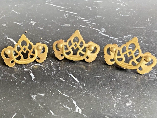 3  Large Vintage Ornate Architectural Brass Furniture Drawer Pull Handles